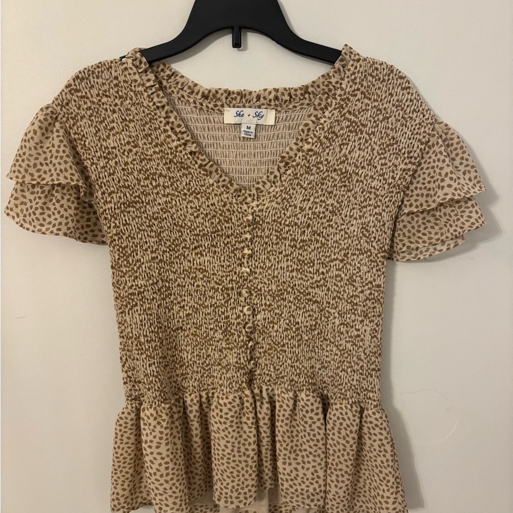 Tan Peplum Blouse with Flutter Sleeves